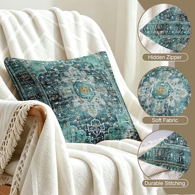 Boho Throw Pillow Covers 18x18 inch Set of 2,Soft Pillowcases Bohemia Carpet Printing Pattern Decorative Sofa Living Room Bed Square Pillow Case Cushion Cover-Cyan