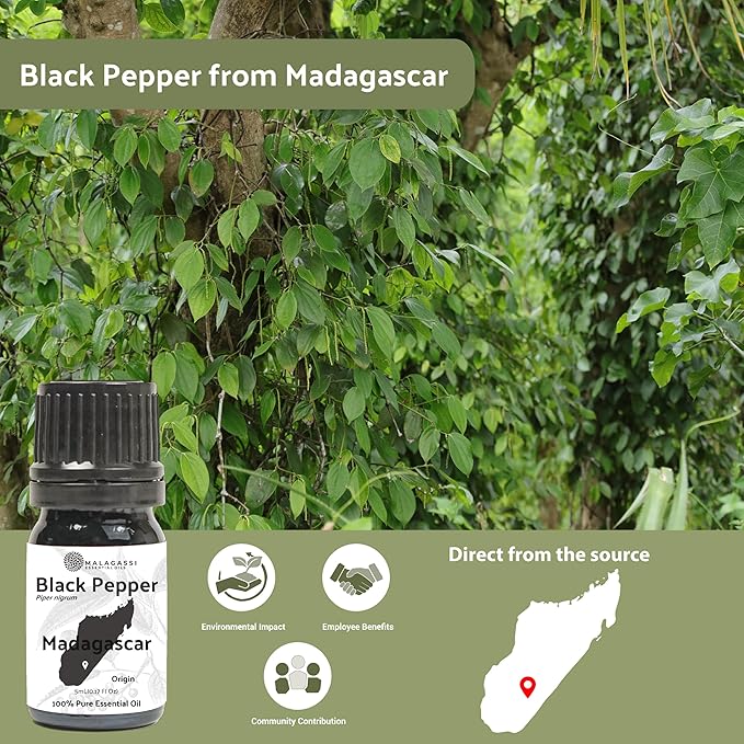 Black Pepper Essential Oil - Direct from Madagascar Farms - Steam Distilled - Aceite Pimienta Negra for Aromatherapy, Massage, Diffuser, DIY Candle and Soap Making - 2lbs