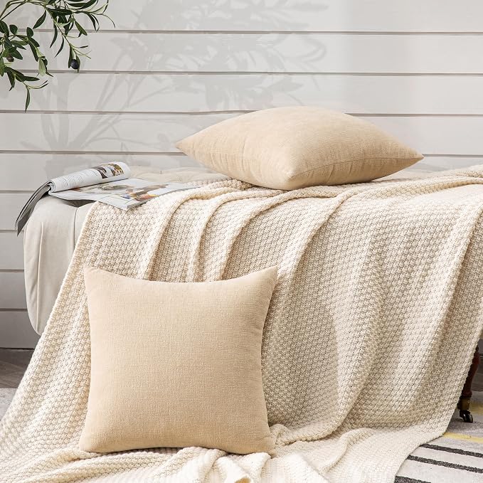 GAWAMAY Decorative Throw Pillow Covers 16x16 Inch Set of 2, Super Soft Chenille Square Pillows Farmhouse Fall Pillowcase for Living Room Bedroom Sofa Couch Cushion Cover Beige 40x40cm (No Insert) | Soft Chenille Farmhouse Style, Hidden Zipper, Neutral ...