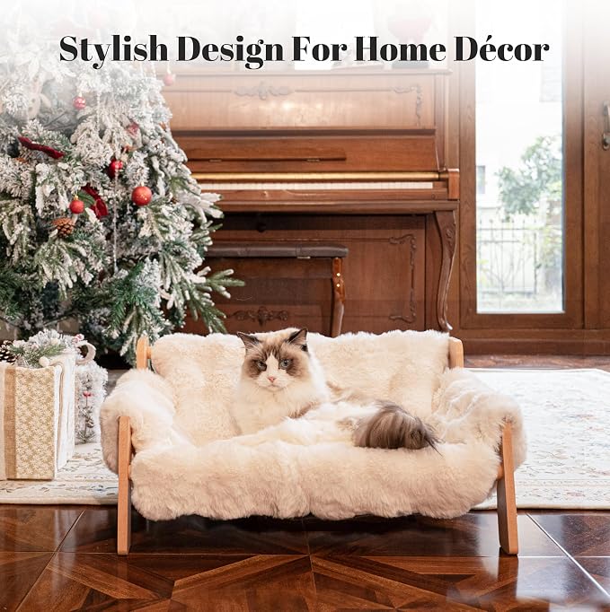Elevated Cat Couch Bed Wooden Raised Kitty Sofa Lounge Chair | Washable Fluffy Cover Wooden Elevated Pet Furniture for Indoor Cats and Puppy(White)