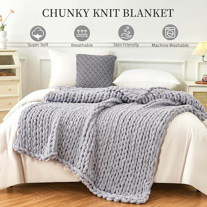 Chunky Knit Blanket Throw for Couch, 51"x63" Chunky Yarn Knitted Blankets | 100% Hand Knit Thick Chenille, Soft Breathable for Bed, Sofa, Home Decor, Cozy Gifts for Women Friends, Light Gray