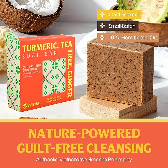 Turmeric, Tea Tree & Ginger Natural Soap Bar (4.2 oz) | Gentle Exfoliation & Refreshing Lather | Cold-Processed, Handmade in Vietnam (Pack of 1)