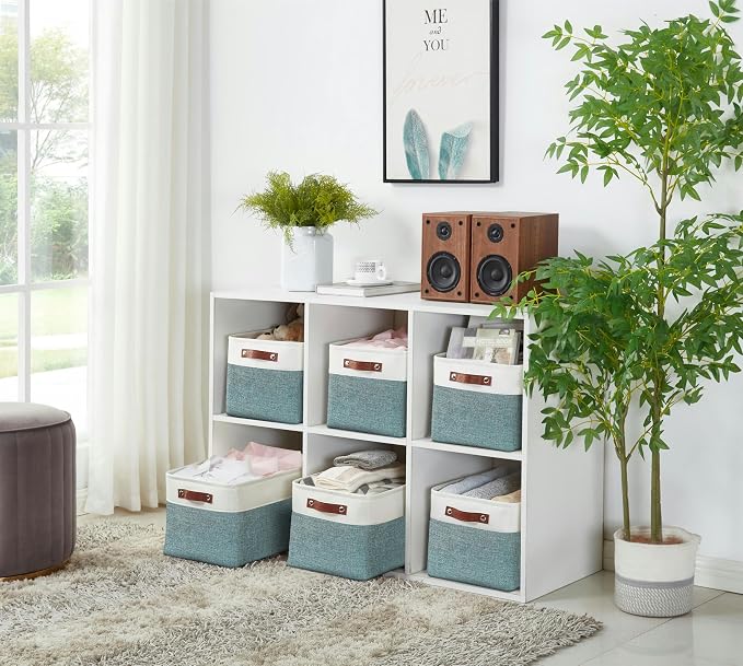 DECOMOMO Storage Bins, Large Fabric Storage Baskets for Shelves 4 Pack | 15 x 11 x 9.5 inches Decorative Linen Closet Organizers (Green & White)