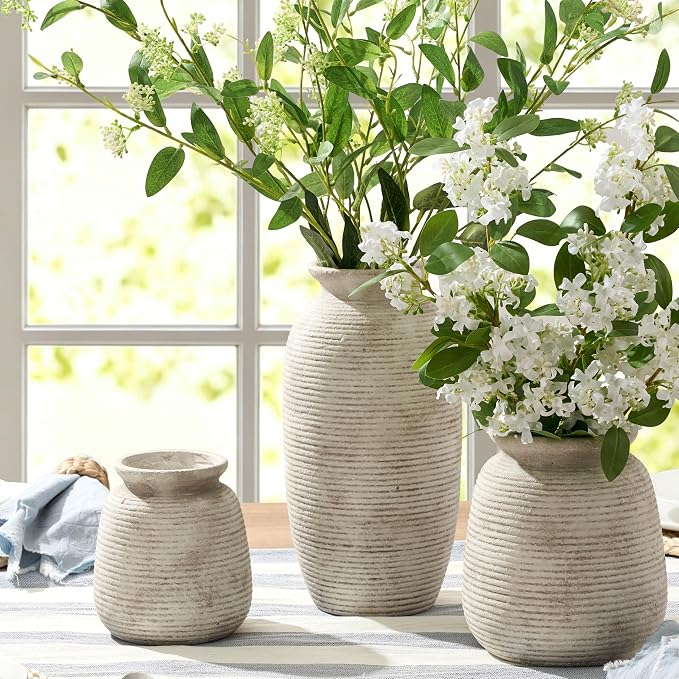Ceramic Flower Vase, Small Vase Rustic Farmhouse Vases Home Decor Short Pottery Decorative Pampas Vase for Table Living Room Entryway Mantel Bookshelf Bedroom Bathroom Kitchen - 6" D