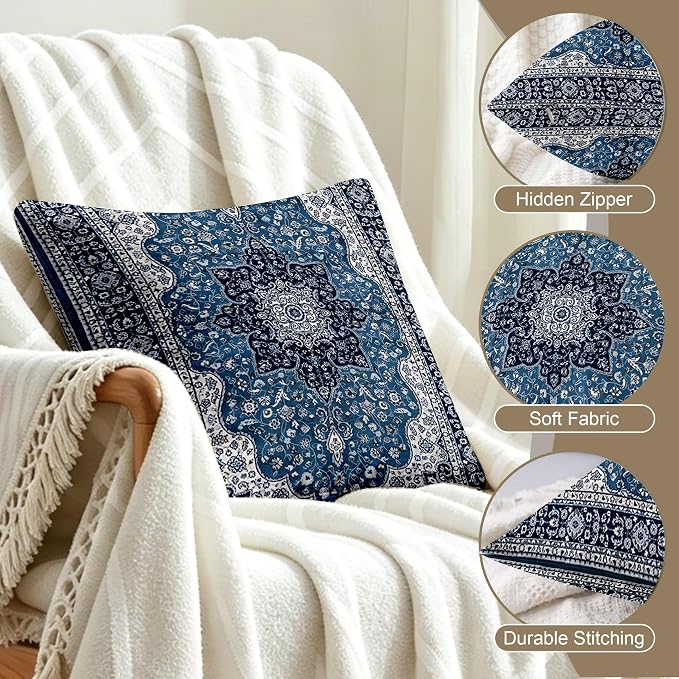 Boho Throw Pillow Covers 18x18 inch Set of 2,Soft Pillowcases Bohemia Carpet Printing Pattern Decorative Sofa Living Room Bed Square Pillow Case Cushion Cover-Blue