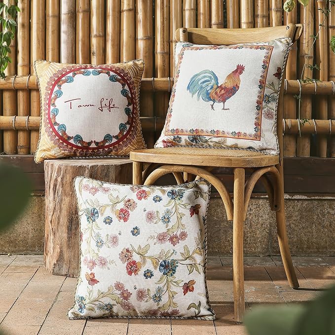 patdrea French Vintage Linen Pillow Cover,18"x18",Set of 2-Townlife B | Decorative Pillow Case with Zipper,Floral Pattern,Pillow Cover for Couch Living Room Bedroom Sofa