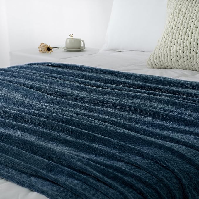 Chenille Throw Blanket for Couch 50" x 60", Navy Blue | Soft Cozy Warm Throws with Fringe Tassel, for Living Room Bed Sofa Chair Cover, Lightweight Knitted Decorative Boho Blankets
