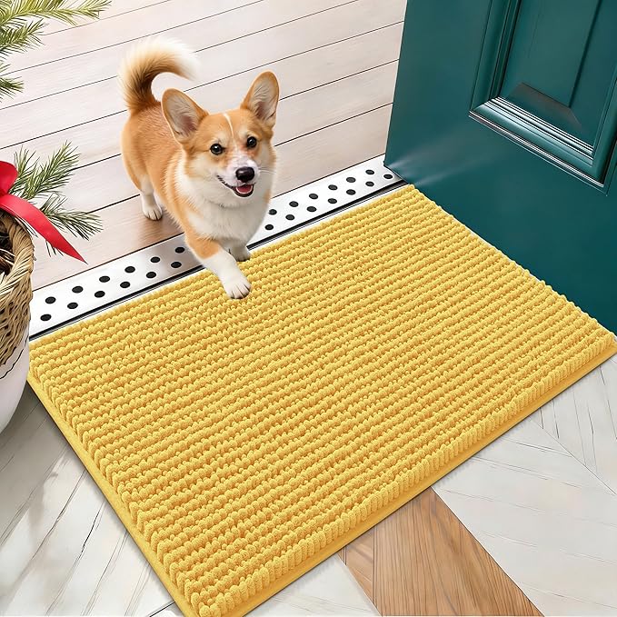 OLANLY Dog Door Mat for Muddy Paws 24x16, Extra Absorbent Chenille Mud Mat | Yellow, Absorbs Moisture and Dirt, Non-Slip Machine Washable Doormat, Quick-Drying Indoor Entryway Floor Mat for Dogs