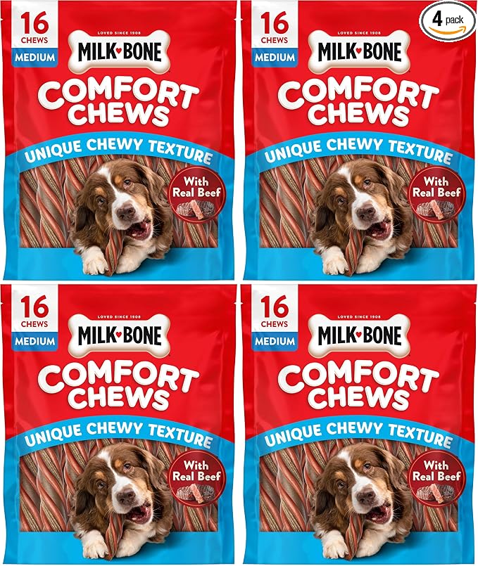 Milk-Bone Comfort Chews, Dog Chew with Unique Chewy Texture and Real Beef, 40.8 Oz. Bag (16 Chews), (Pack of 4)