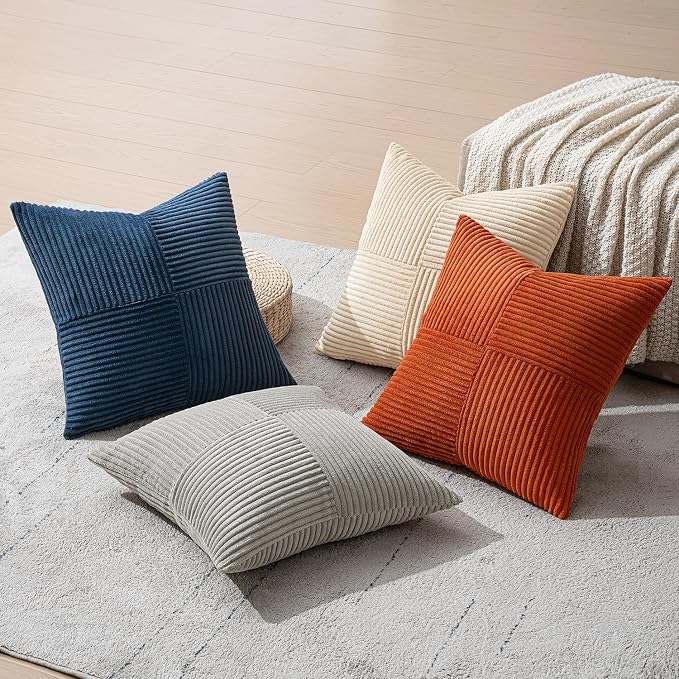 MIULEE Blue Rust Throw Pillow Covers 18x18 Inch Set of 4 Boho Farmhouse Cushion Cases Soft Corduroy Nordic Corduroy Pillow Cases Patchwork Home Decor for Couch Sofa Bedroom