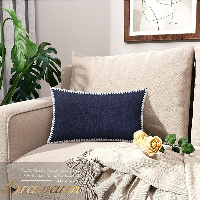 BRAWARM Chenille Throw Pillow Covers 12x20 Inches, Navy Blue, 2 Pack | Decorative Lumbar Pillow Covers with Shell Edge, Soft Cushion Cases for Sofa Bed Living Room Home Farmhouse (No Insert)