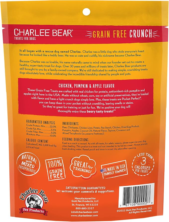 Charlee Bear Crunch Grain Free Dog Treats, Chicken,Pumpkin and Apple, 8 Ounce Resealable Bag,Low Calorie Training Treats for Dogs,Limited Ingredient,Healthy,Crunchy Dog Snacks, Made in USA (Pack of 2)