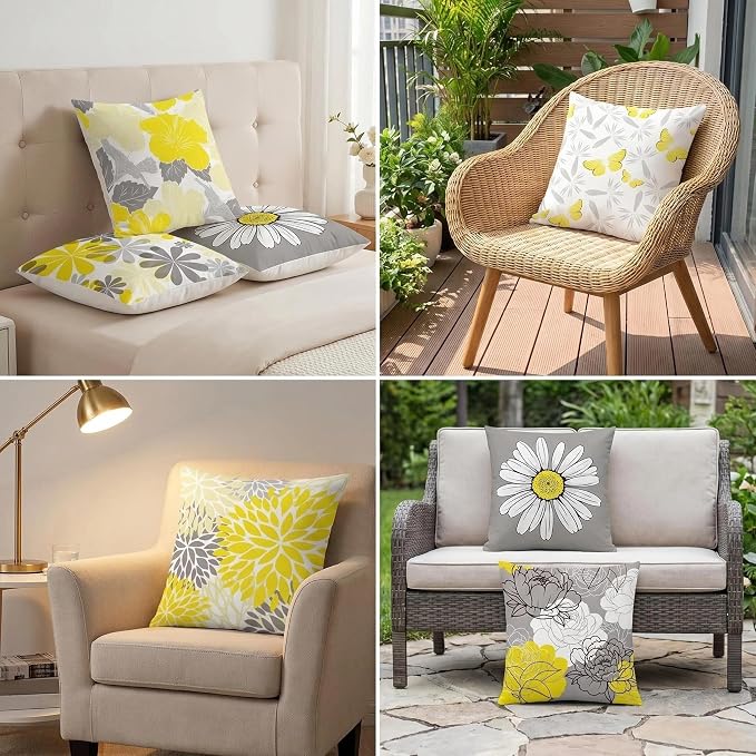 COMMINY Yellow Gray Linen Pillow Covers 18x18 Set 6 Farmhouse Throw Cover | Daisy Dhalia Cushion Cover, Standard Throw Pillow Size, Breathable Linen, Couch Sofa Bedroom, Fall Summer Decor