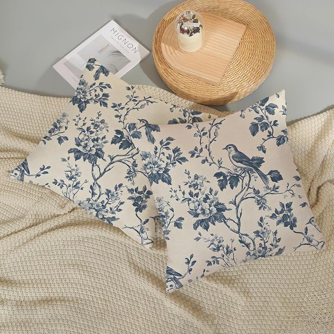 Chinoiserie Pillow Covers 18x18 Inch Set of 2 Blue Floral Bird Throw Pillows Vintage Blue Flower Decorations Pillow Cases Outdoor Chinoiserie Decor Farmhouse Linen Cushion Cover for Couch Home