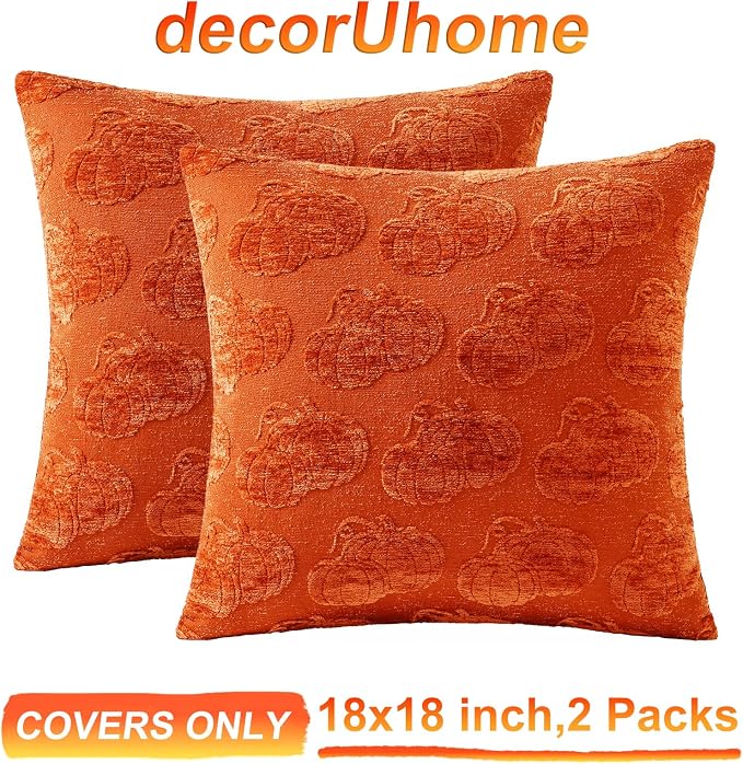 decorUhome Chenille Rust Two Pumpkins Throw Pillow Covers 18x18 Set of 2 | Fall Decorative Jacquard Farmhouse Soft Modern Farmhouse Neutral Pillowcases for Bed Sofa Autumn Harvest Halloween Holiday