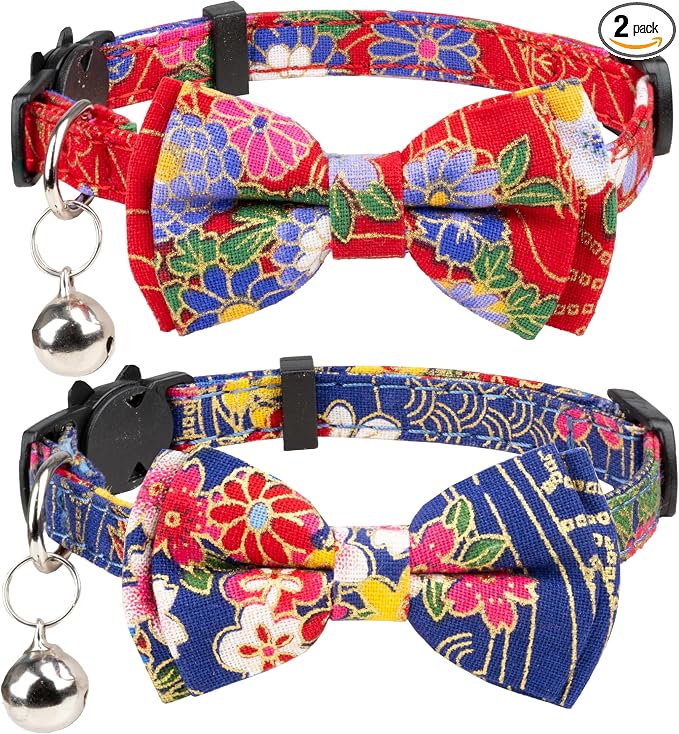 Collar for Cat Pet Breakaway with Bell Bowtie Detachable Bow Adjustable Safety Kitten Puppy Girl Boy 2pcs Navy Blue & Red