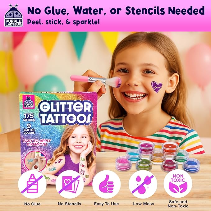 PURPLE LADYBUG 175-Piece Temporary Glitter Tattoos Kit for Kids & Teens - Christmas Gifts for 6 7 8 9 10-12 Year Old Girl Birthday, Craft for Girls 8-12, Ideal Stocking Stuffers for Holiday Party