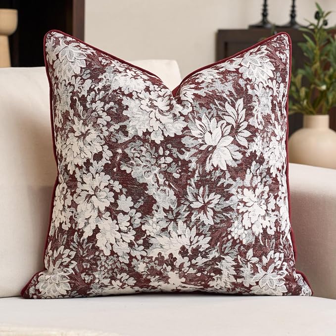 Alerfa Burgundy Neutral Floral Pillow Cover 18 x 18 Inch, Vintage Chenille Square Couch Pillow Cover Soft Decorative Farmhouse Accent Pillowcase for Living Room Bedroom