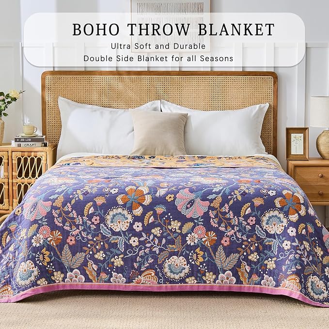 Boho Throw Blanket Farmhouse Decor Throw Blanket Bohemian Blanket for Bed 100% Cotton Muslin Woven Couch Blanket All Seasons Quilt Bedroom (H-Purple, 90"x98")