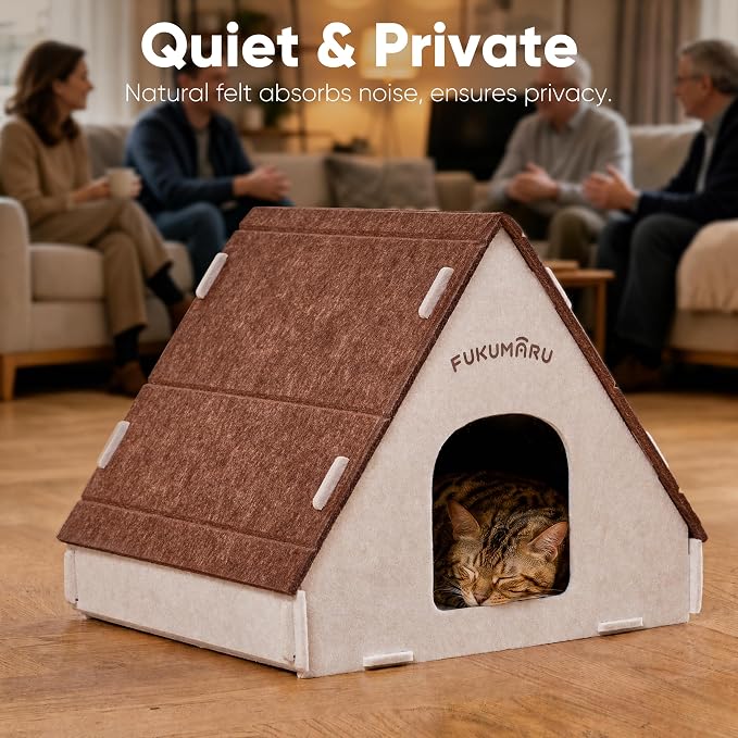 FUKUMARU Cat House Cave Bed for Indoor Cats, Large Warm Felt Cat Hideaway | Scratch-Resistant Cat Cave, Kitten Hideaway for Timid Cat & Small Pet, Modern Sturdy Cats House Condo, Easy to Assemble