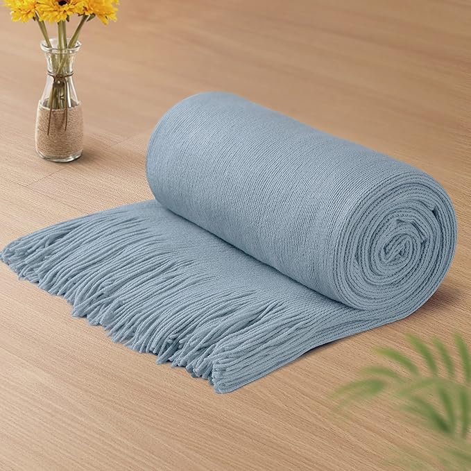 Vonty Light Blue Knitted Throw Blanket with Tassels Fringe, 50x60 Acrylic | Super Soft And Lightweight, Year-Round Cozy Warmth, Farmhouse Decorative Style, Machine Washable, for Couch, Sofa or Bed