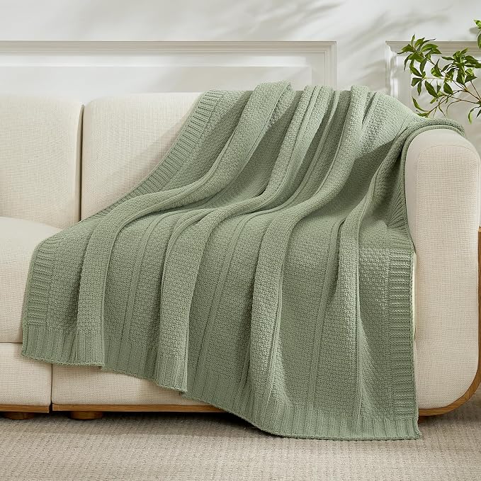Chenille Throw Blanket for Couch, Soft Cozy Chunky Knit Blanket, Moss Stitch Throw for Sofa, Bed, Living Room, Lightweight Warm Home Decor, Sage Green 60"x80"