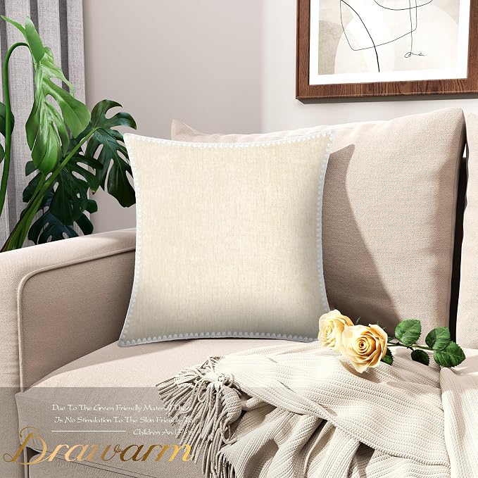 BRAWARM Chenille Throw Pillow Covers 18x18 Inches, Cream, 2 Pack | Decorative Pillow Covers with Shell Edge, Soft Cushion Cases for Sofa Bed Living Room Home Farmhouse (No Insert)