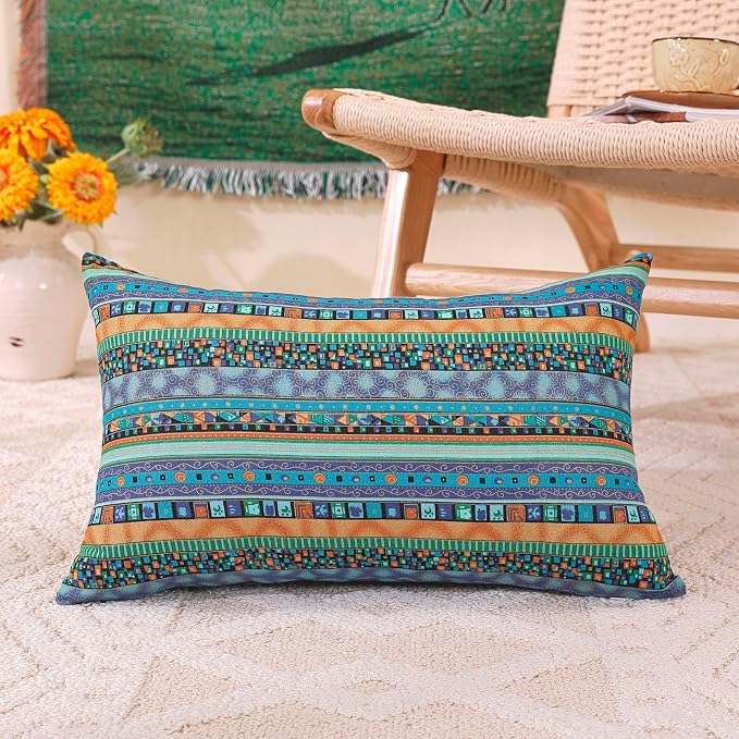 TAOSON Blue Stripe Bohemian Style Antique Cotton Blend Linen Sofa Throw Pillowcase Cushion Cover Pillow Cover with Hidden Zipper Closure Only Cover No Insert 12x20 Inch 30x50cm