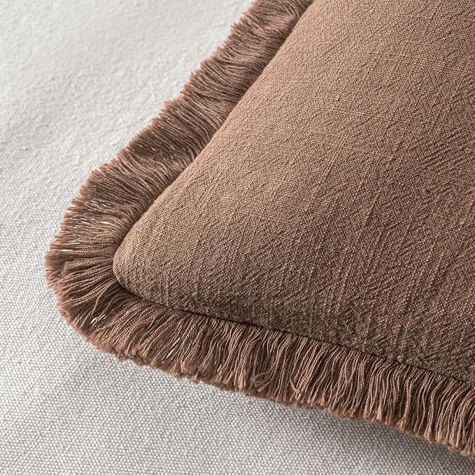 MIULEE Linen Decorative Fall Euro Throw Pillow Covers Dark Coffee 28x28 | Set of 2, Cottagecore Decor, Boho Farmhouse Neutral Pillow Covers, Rustic Fall Fringe Couch Cushion for Sofa Bed Living Room