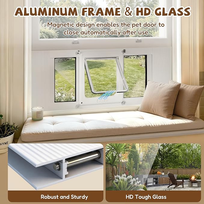 Compact Cat Door for Window, H: 13", Fit 32"-36" Window | Weatherproof Aluminum Frame & HD Glass, Quick 1-Minute Installation, Magnetic Closing Window Cat Door Insert