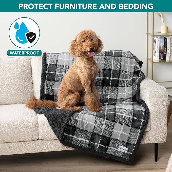 PetAmi Waterproof Dog Blanket for Large Dog Cat Pet, 60x80, Plaid Grey | 460 GSM Sherpa Fleece Reversible, Pee Proof, Furniture Protector Cover for Couch Sofa Bed Kennel, Washable, Extra Large