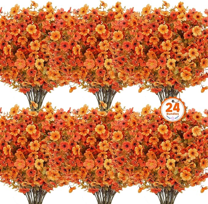 24 Pcs Artificial Fall Flowers, Fake Mums Outdoor, Mixed Orange | Lifelike faux mums, silk flower, UV resistant, no-maintenance, for autumn Thanksgiving garden porch yard indoor outdoor decor