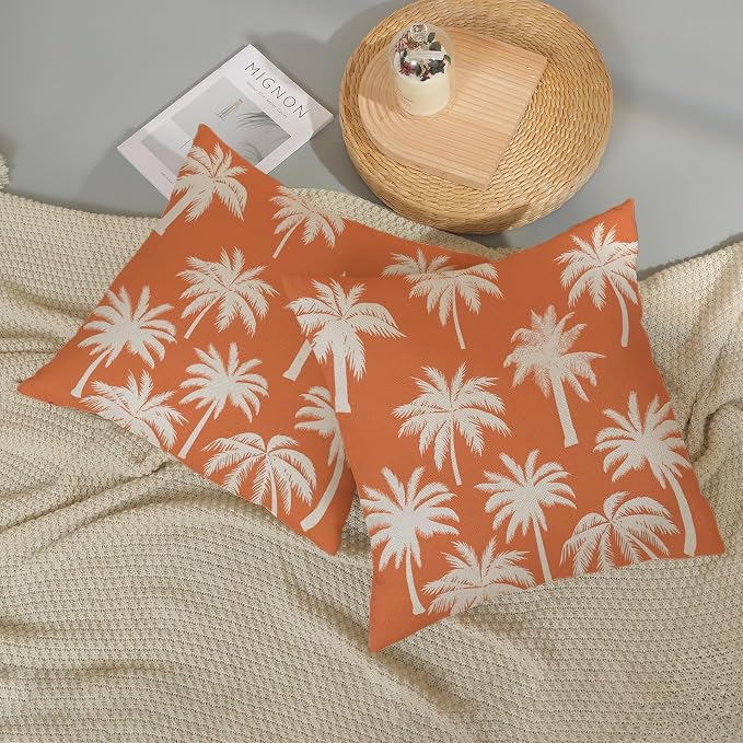 Burnt Orange Palm Tree Pillow Covers 18x18 Inch Set of 2 Vintage Tropical Decorative Pillow Cases Summer Outdoor Cushion Cover Farmhouse Linen Decoration Throw Pillows for Couch Living Room