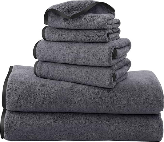 TENSTARS Luxury Silk Hemming Towel Set - Light Thin Quick Drying - 2 Bath Towels 2 Hand Towels 2 Washcloths - Ultra Soft Microfiber, for Bath Fitness, Sports, Yoga, Travel (Dark Grey 6 Pieces)