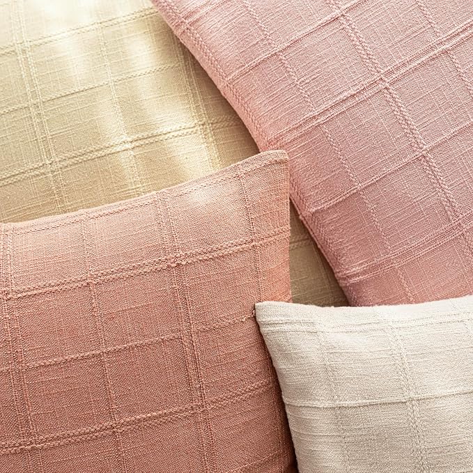 Foindtower Set of 2 Decorative Linen Check Throw Pillow Covers Neutral Farmhouse Vintage Cushion Covers Modern Boho Accent Home Decor for Sofa Chair Couch Bedroom Living Room,26×26 Inch,Coral Pink