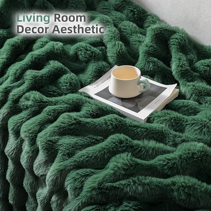 Faux Rabbit Fur Throw for Couch - Dark Green Bubble Blanket 60"x80" | Fluffy Plush Fuzzy Throw for Sofa & Bed, Super Soft Cozy Comfrt Blanket, Luxury Aesthetic Dark Green Decor Gift for Women