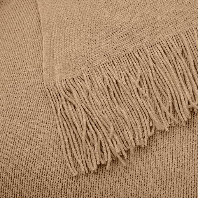 Vonty Light Brown Knitted Blanket with Tassels Fringe 50" x 60", Super Soft Knit Throw Blanket, Farmhouse Decorative Lightweight Blanket for Couch, Sofa, Bed | Super Soft And Lightweight, Year-Round Cozy Warmth, Farmhouse Decorative Style, Machine Wash...