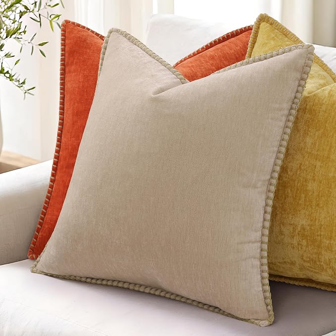 decorUhome Soft Chenille Throw Pillow Covers 26x26 Set of 2 Beige | Fall Textured Decorative Throw Pillow Cases Stitched Edge Modern Farmhouse Luxury Boho Velvet for Couch Sofa Bed Home Decor