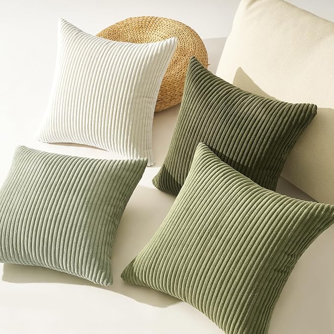 Topfinel Green White Spring Pillow Covers 18x18 Inch Set of 4 Boho Nordic Cushion Covers Soft Corduroy Home Decor for Couch Bed Sofa Living Room