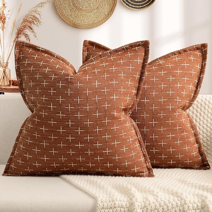 Fall Pillow Covers 24x24 Set of 2 Soft Polyester Textured Rust Pillow Covers with Stylish Flange Edge Cozy Farmhouse Throw Pillows for Couch Bed Sofa Living Room Fall Decor
