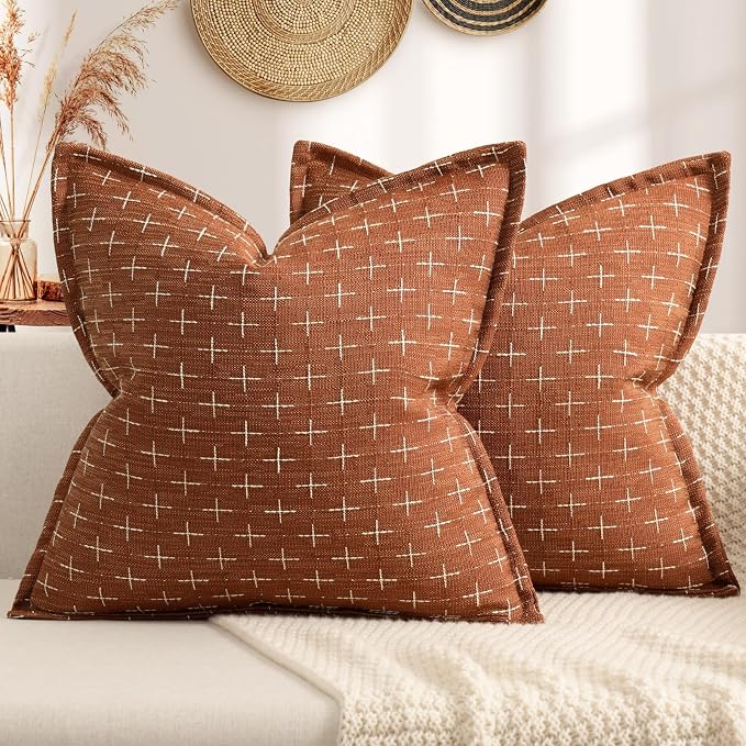 Fall Pillow Covers 22x22 Set of 2 Soft Polyester Textured Rust Pillow Covers with Stylish Flange Edge Cozy Farmhouse Throw Pillows for Couch Bed Sofa Living Room Fall Decor