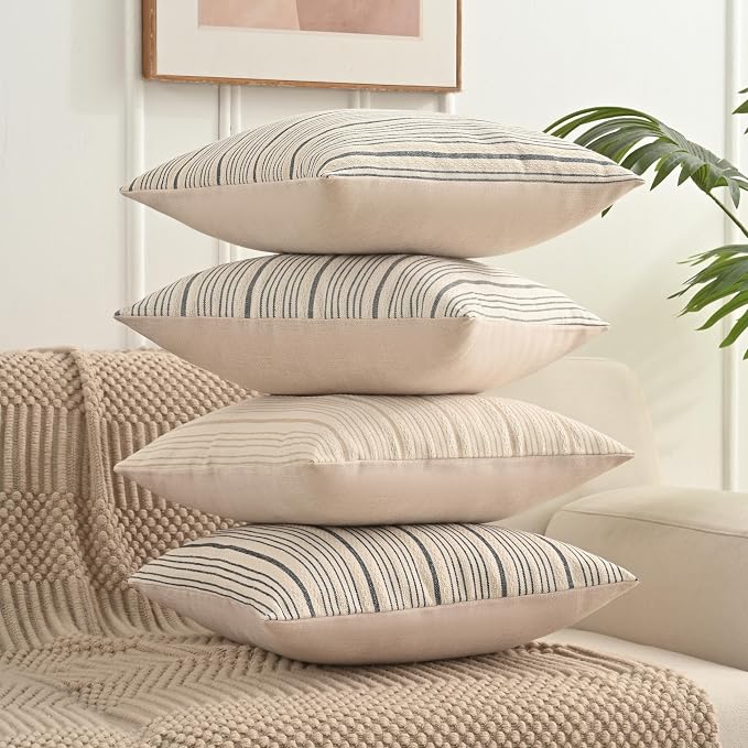 Tan Outdoor Striped Set of 2 Throw Pillow Covers 12x20 Cream Beige | Pack of 2 Pillow Cases Farmhouse Decorative Square Throw Pillows for Couch Sofa Bed