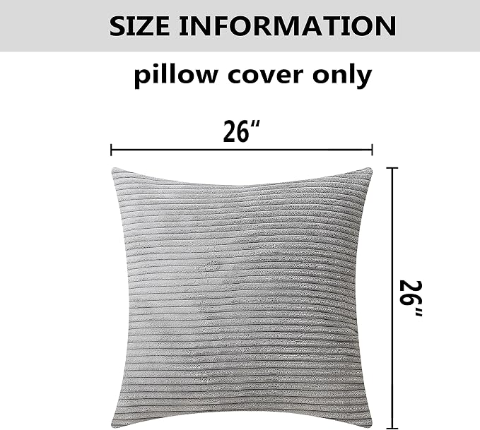 Home Brilliant Striped Soft Velvet Corduroy European Throw Pillow Sham for Sofa Euro Sham Cover for Bed Pillow Cover 26x26 Couch Bench, 26 inch (66x66cm), Light Grey