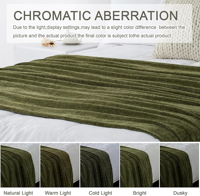 Chenille Throw Blanket for Couch 60" x 80" Twin, Olive Green | Soft Cozy Throws with Fringe Tassel, for Living Room Bed Sofa Chair Cover, Lightweight Knitted Boho Blankets Christmas Decor