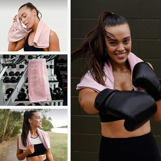 Pink Gym Towel for Women - Organic Cotton Silver Infused Sweat Towel, 500 GSM, 31.5"x15.75" - Soft Absorbent Workout Towel for Gym Yoga Spin and Pilates, Exercise Towel