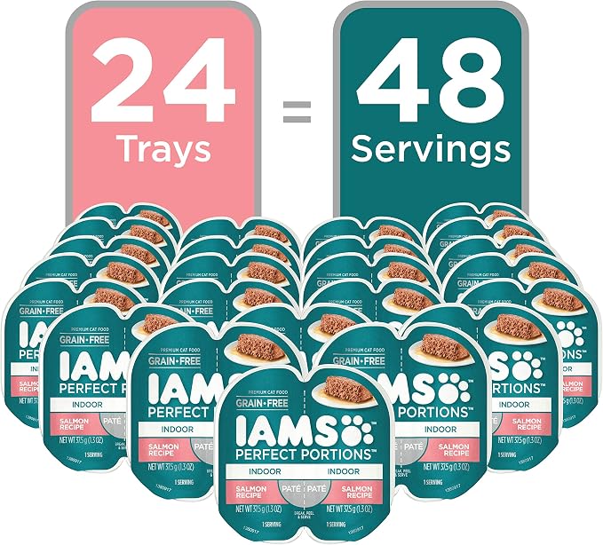 IAMS Perfect Portions Indoor Pate Wet Cat Food, Salmon, 24 Count | Grain-free, Vitamin E immune support, dietary fiber & prebiotic for digestion, no fillers, snap-peel-serve 2.6 oz. twin-packs