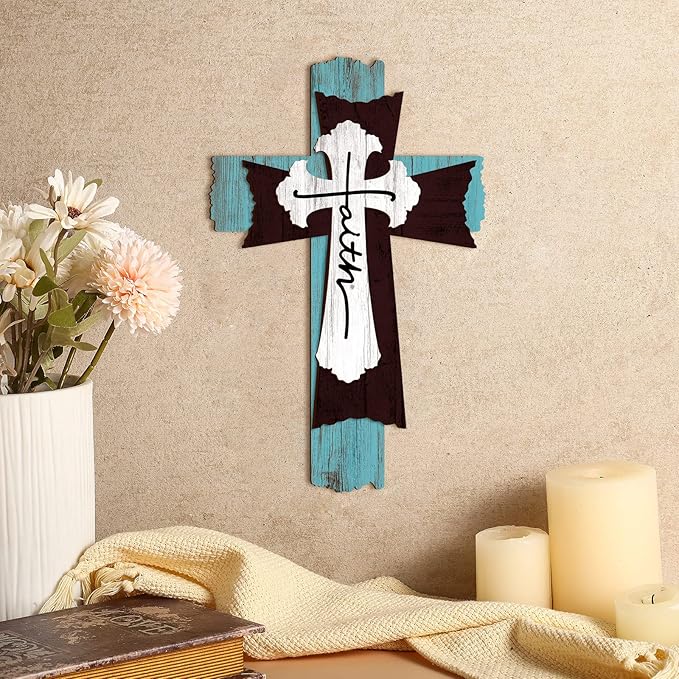 Yookeer Large Wooden Christian Wall Cross Religious Decor Art Wood Wall Cross Hanging Rustic Multi Layered Weathered Look Spiritual Sculpture for Church Home Farmhouse Indoor Outdoor