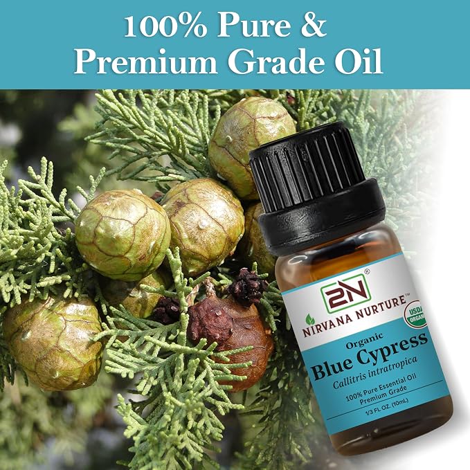 Blue Cypress Essential Oil, USDA Certified Organic, 100% Pure Undiluted, Aromatherapy Oil for Diffuser, Hair & Skin Care