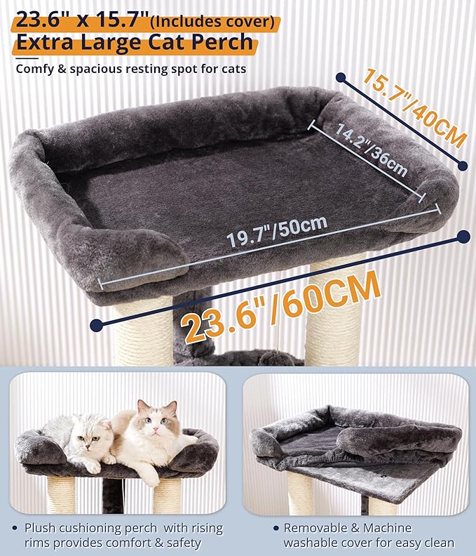 28" Cat Tree, Large Bed for Big Cats, Small Cat Tower with Soft Perch for Window Viewing, Stable Cat Tree Tower, Cat Scratching Post with Hammock, Removable Cover-Gray