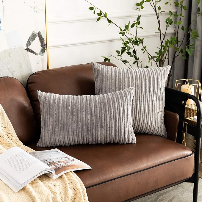 UGASA Pack of 2, Velvet Pillow Covers Striped, Soft Textured Throw Cushion Case Set, Accent Corduroy Lumbar Pillowcases with Hidden Zipper for Home Decor Indoor Outdoor (12"x20", Light Grey)